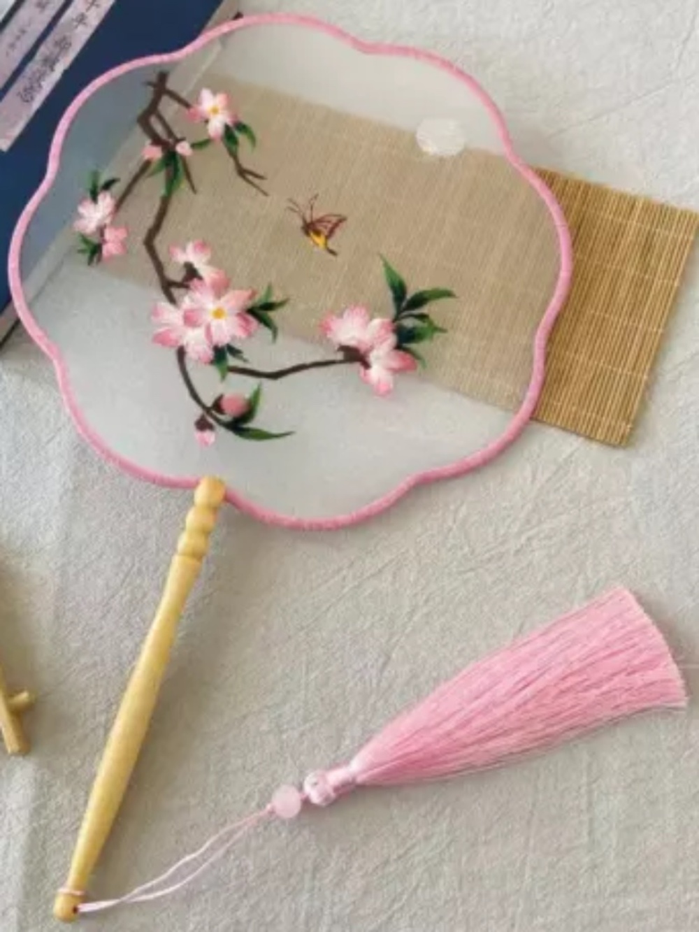Embroidered Hanfu Fan Antique Round Fan Style Translucent Long Handle Tassel